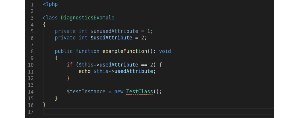 Figure 7.11: A sample class showing how Intelephense highlights issues
