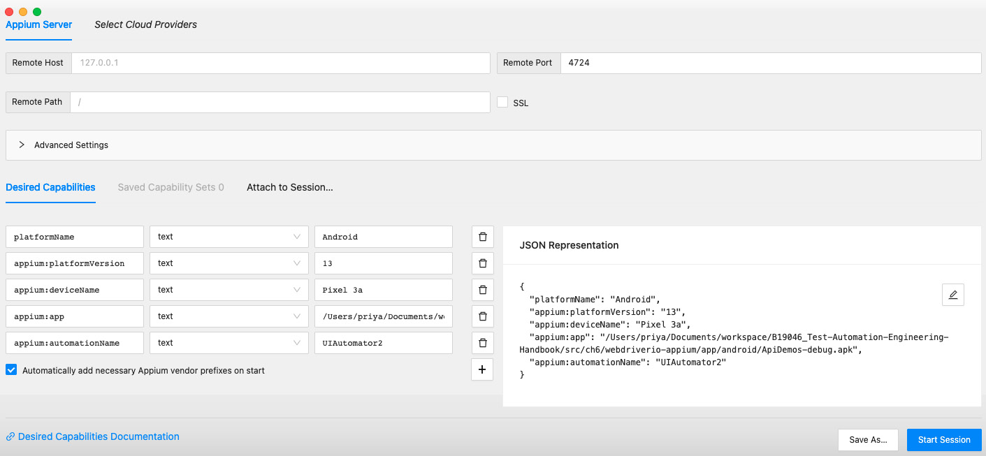 Figure 6.12 – Appium Inspector configuration