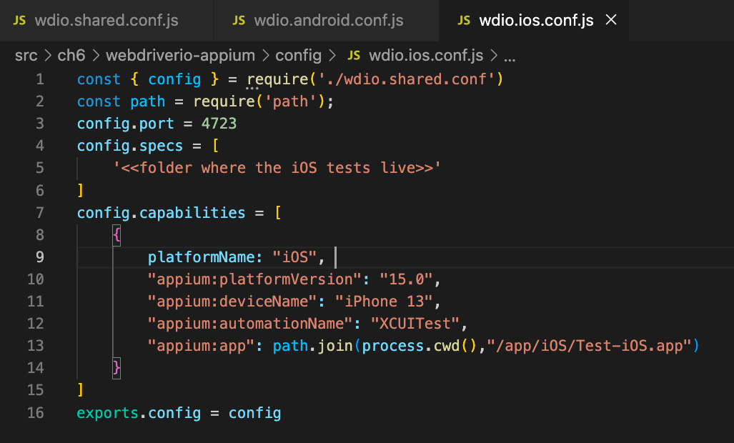 Figure 6.19 – WebdriverIO iOS config file