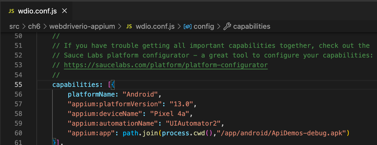 Figure 6.8 – wdio config: capabilities section