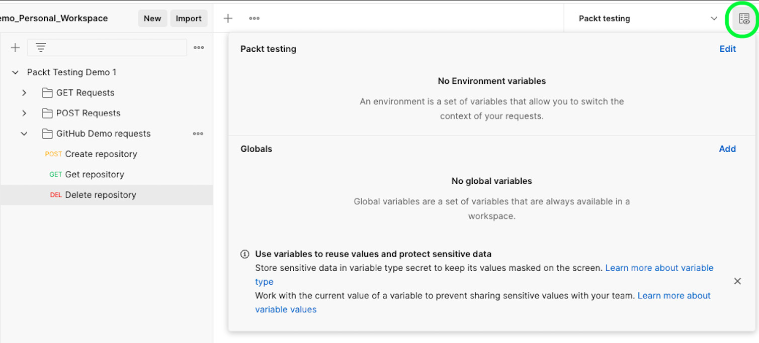 Figure 7.15 – Environments drop-down menu and icon