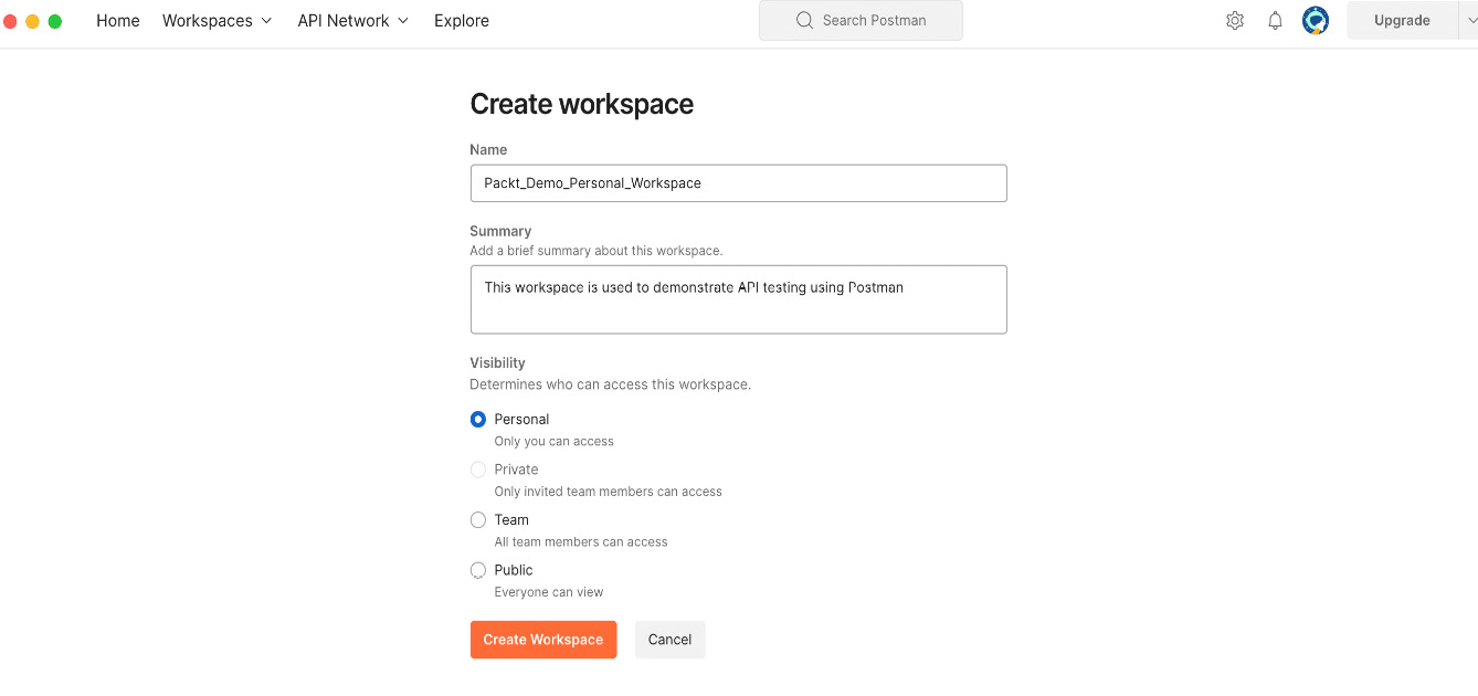 Figure 7.2 – Creating a workspace