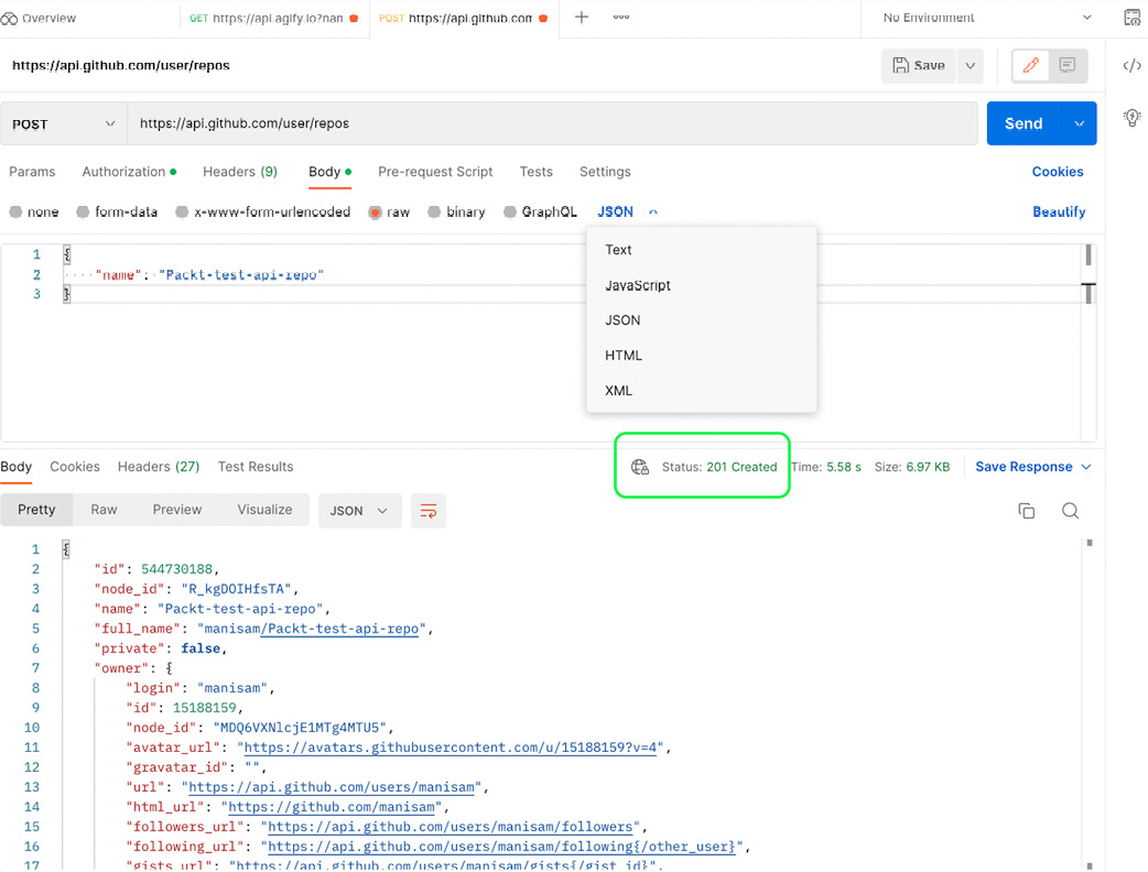 Figure 7.9 – POST API request body type