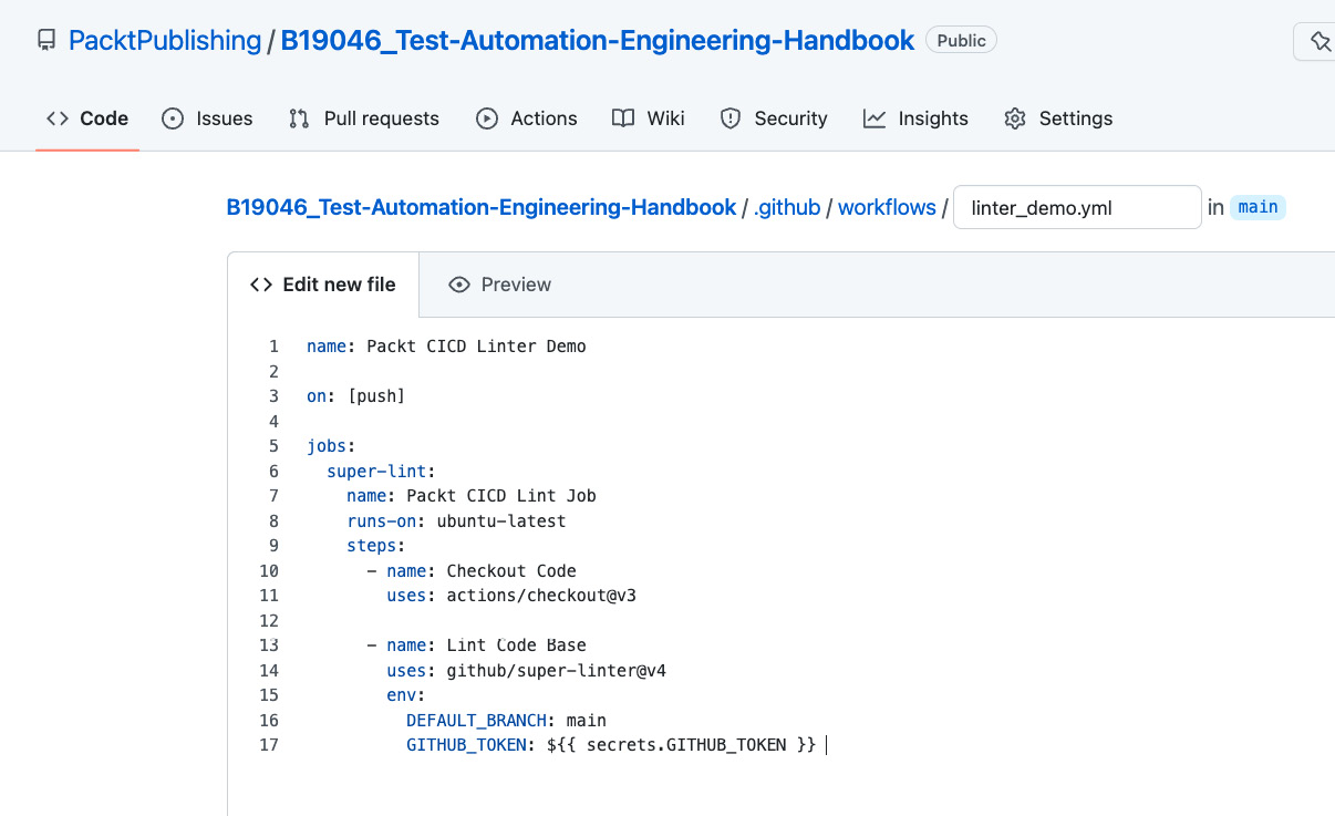 Figure 9.5 – Creating a GitHub workflow file
