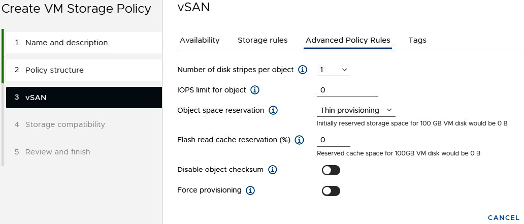 Figure 4.8 – The advanced policy rules in the Create VM Storage Policy wizard
