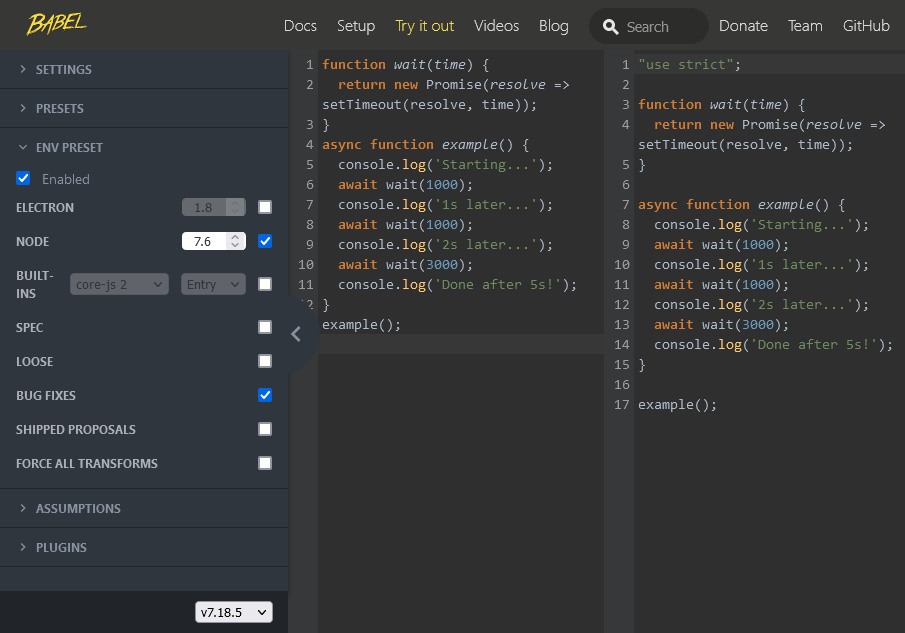 Figure 4.1 – Transpiling some JavaScript via Babel online
