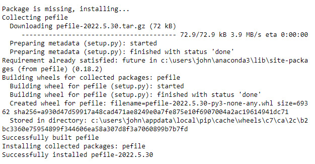 Figure 7.1 – The installation process shows which version of PEFile you have installed