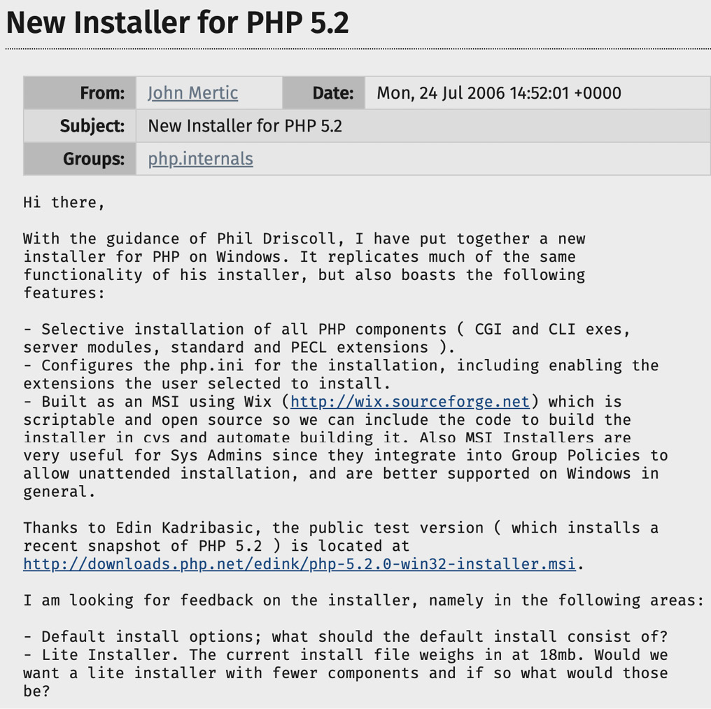 Figure 11.1 – Release announcement for the PHP Windows installer for PHP 5.2 (https://news-web.php.net/php.internals/24929)