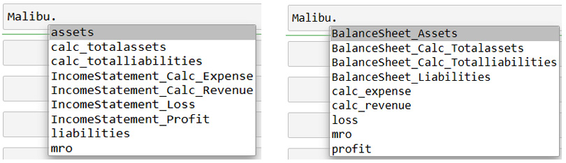 Figure 4.8 – Malibu with IncomeStatementMetaClass (left) and Malibu with BalanceSheetMetaClass (right)
