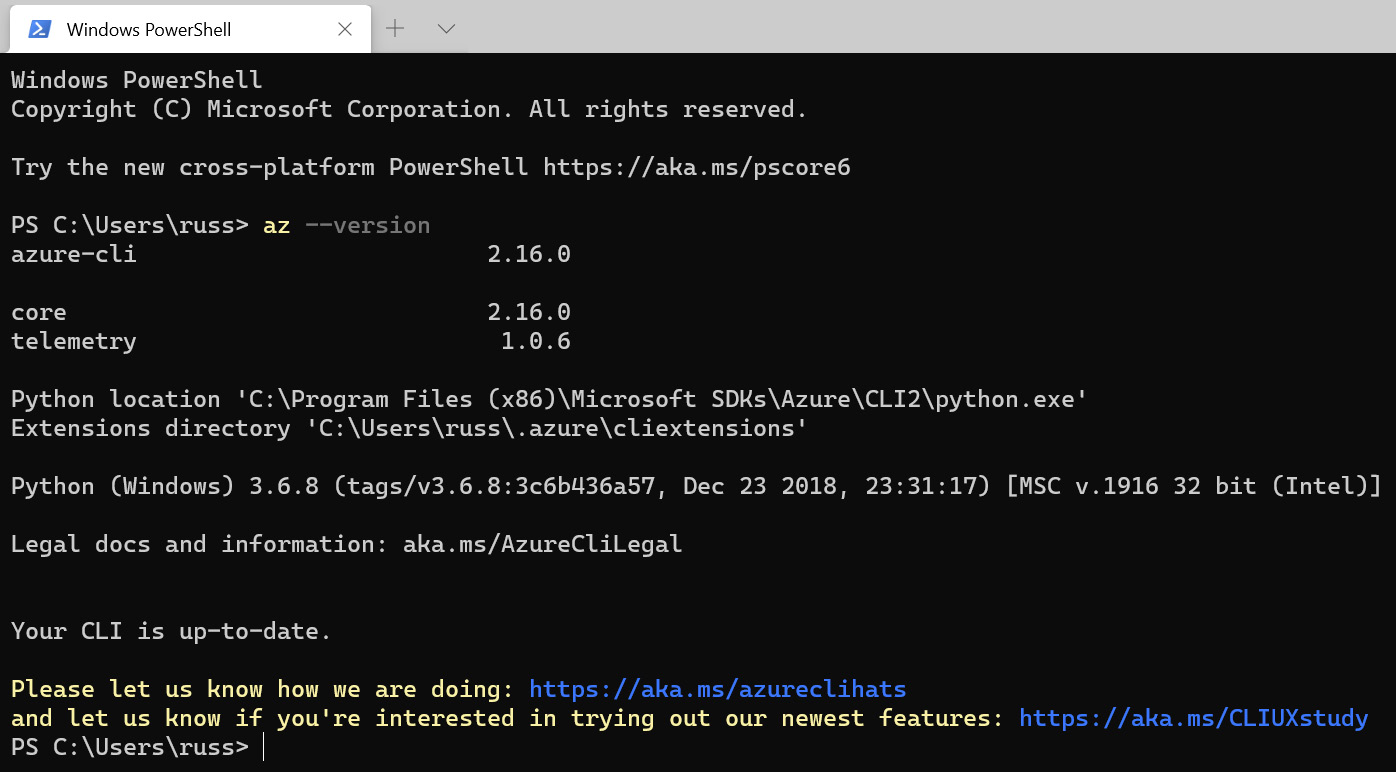 Figure 16.3 – Checking the Azure CLI version on Windows
