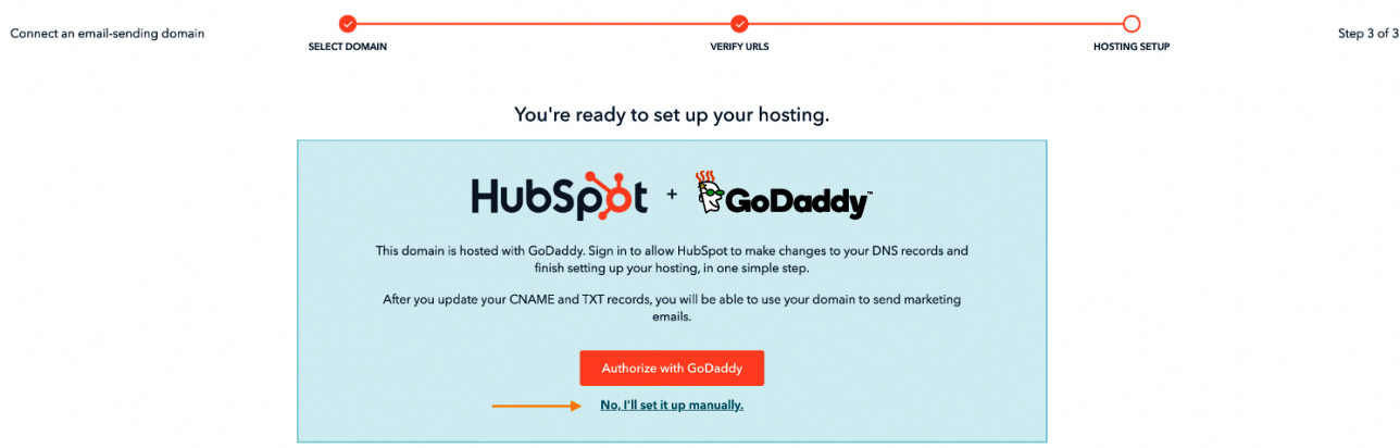 Figure 1.15 – Choosing the manual option to connect your domains to HubSpot
