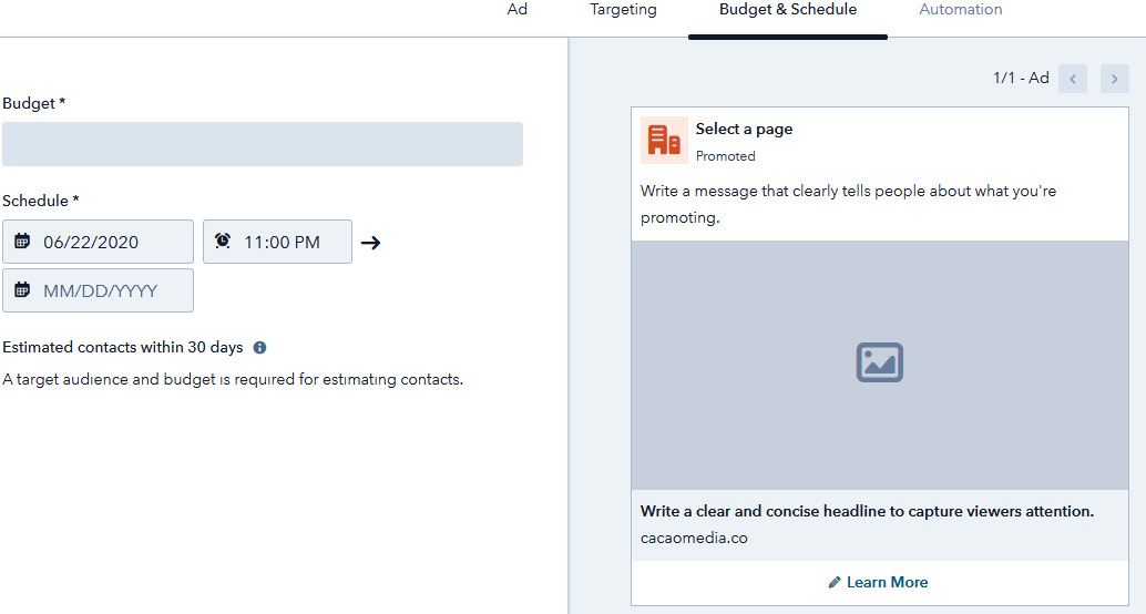 Figure 7.24 – Budget & Schedule section in ad creation
