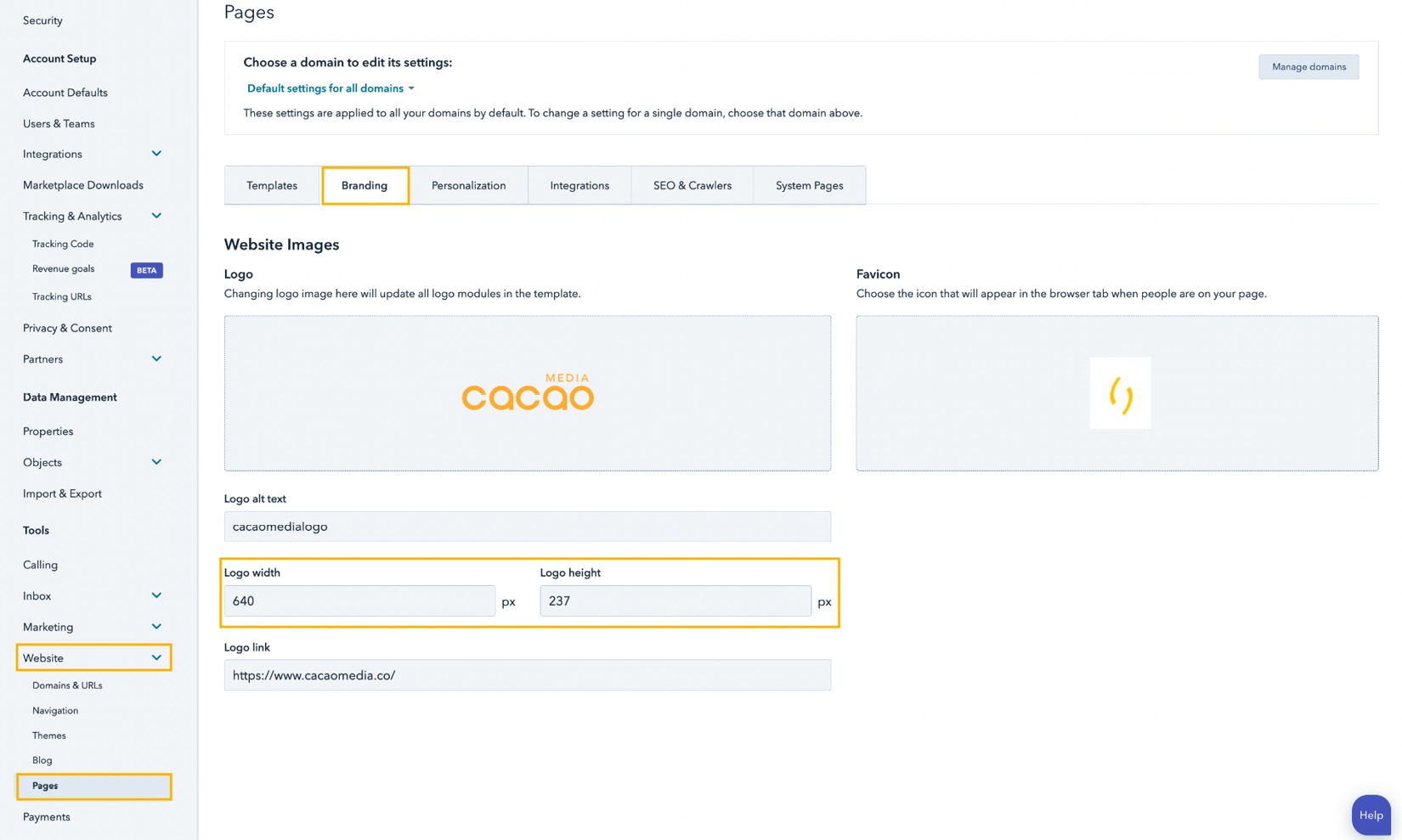 Figure 8.4 – Setting up brand assets for pages in HubSpot
