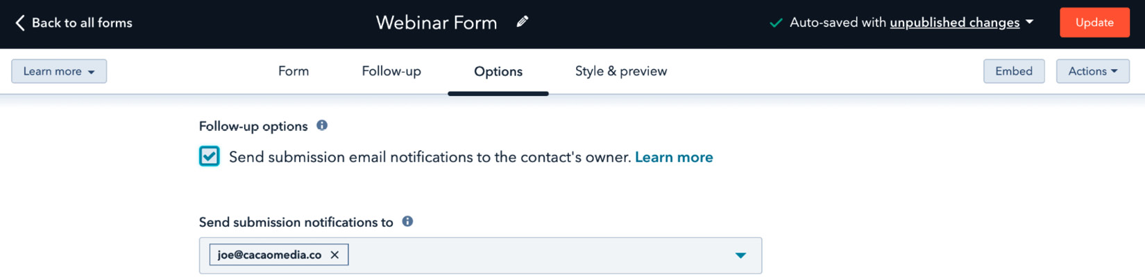 Figure 9.22 – Setting up notifications for form submissions
