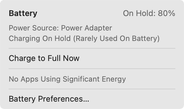Figure 14: The Battery menu lets you see how macOS is managing the charge and gives you information and an override. (Monterey shown here.)