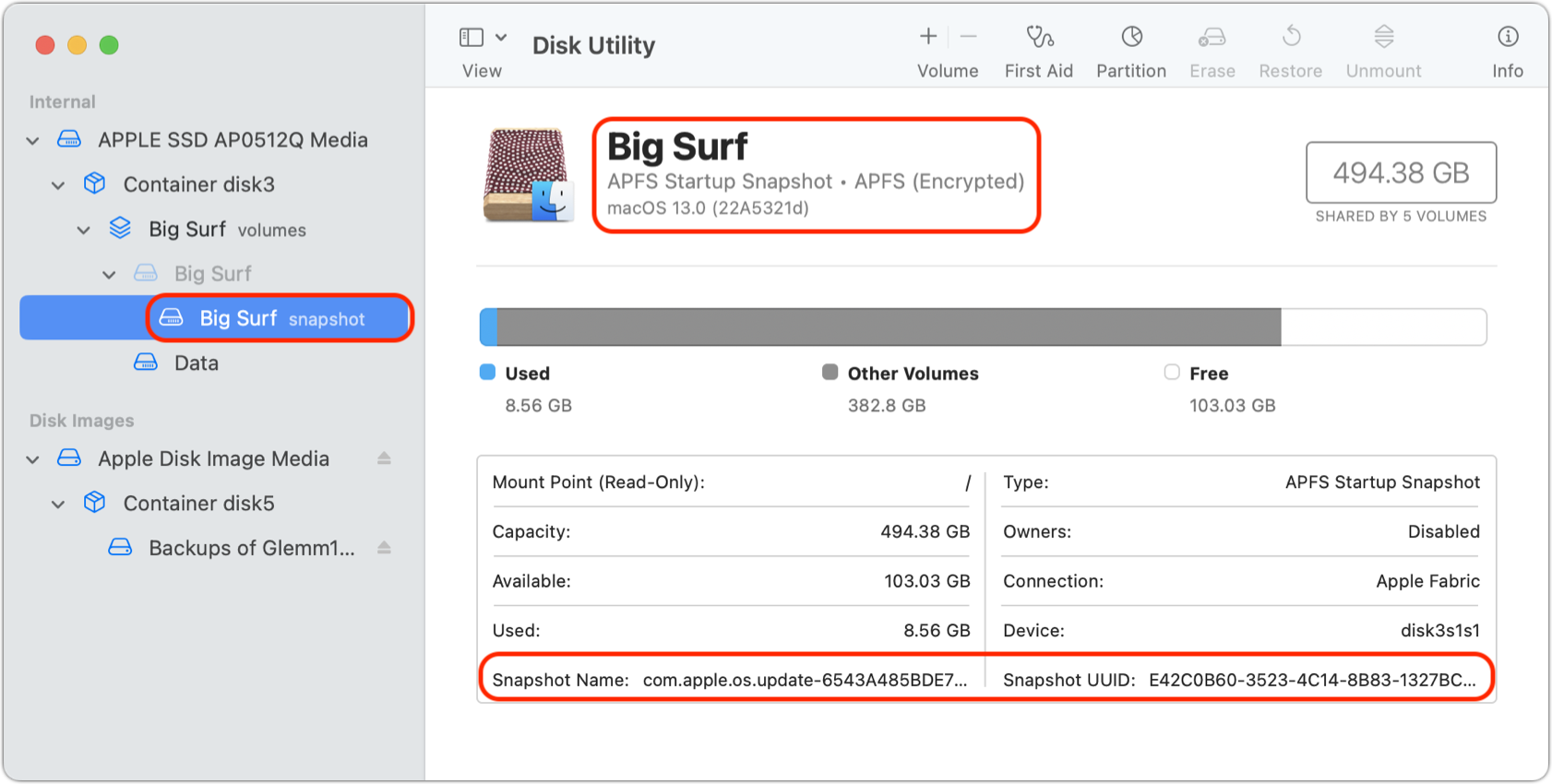 Figure 22: macOS Big Sur or later actually runs on a snapshot of the actual volume, making it double secret read-only status. The red boxes show how Disk Utility calls out this volume as a snapshot.