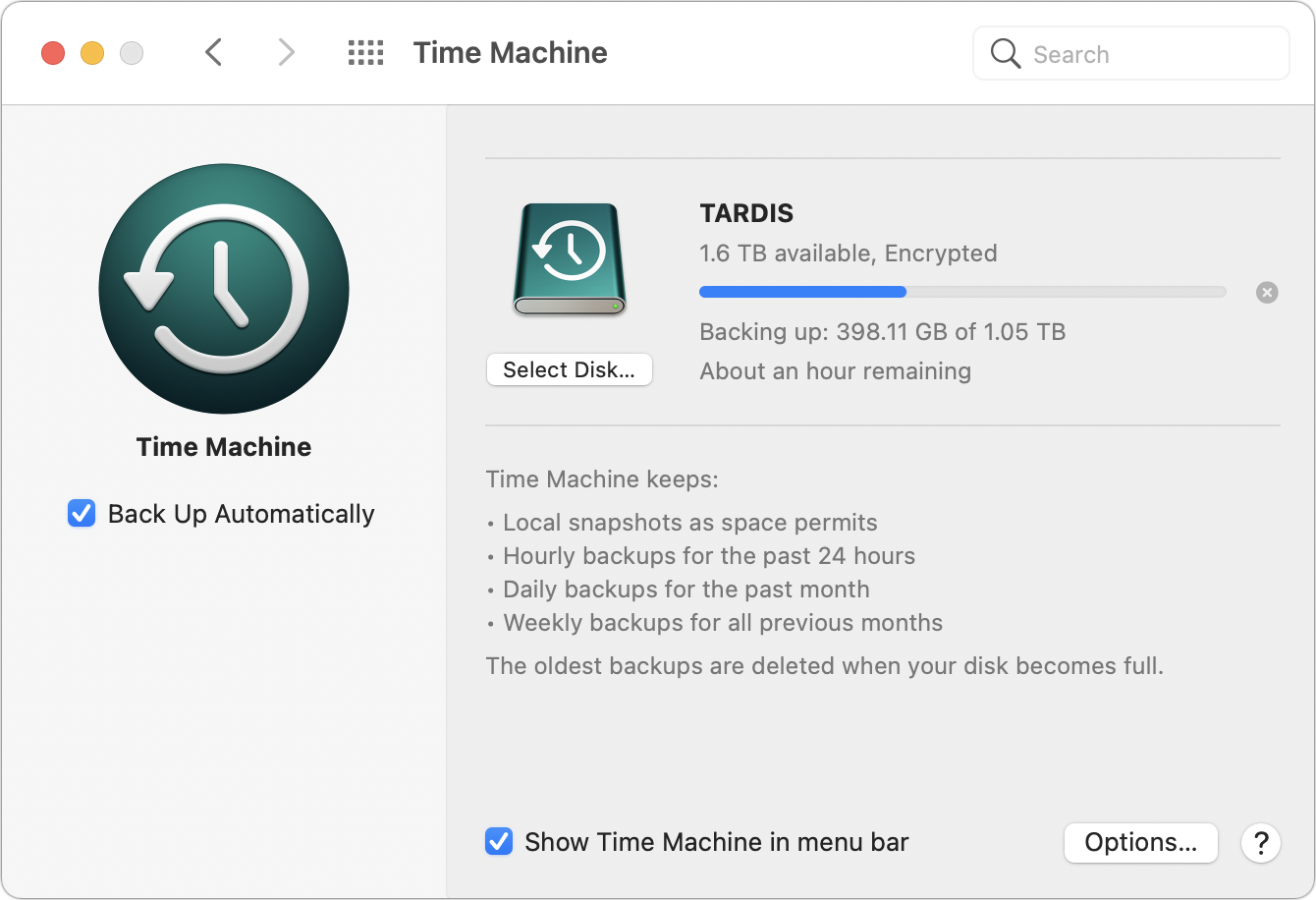 Figure 8: In Monterey or earlier, configure Time Machine in System Preferences > Time Machine.