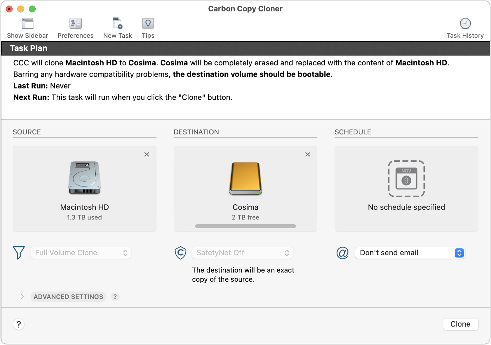 Figure 17: Carbon Copy Cloner shows you the basic elements of your backup—source, destination, options, and schedule—and a plain-English explanation. (Carbon Copy Cloner 5, the last version to run in Mojave, is shown here. Version 6 looks slightly different.)