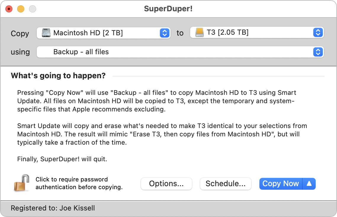 Figure 18: Much like Carbon Copy Cloner, the SuperDuper! window asks you for just a few pieces of information and clearly explains what will happen.