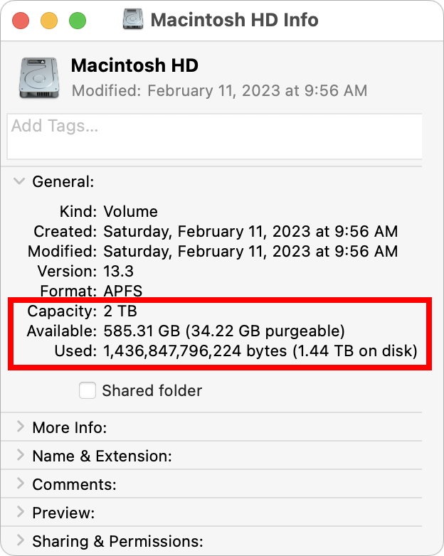 Figure 1: To see how much space is occupied on a disk, select it, press ⌘-I, and subtract the Available figure from Capacity.