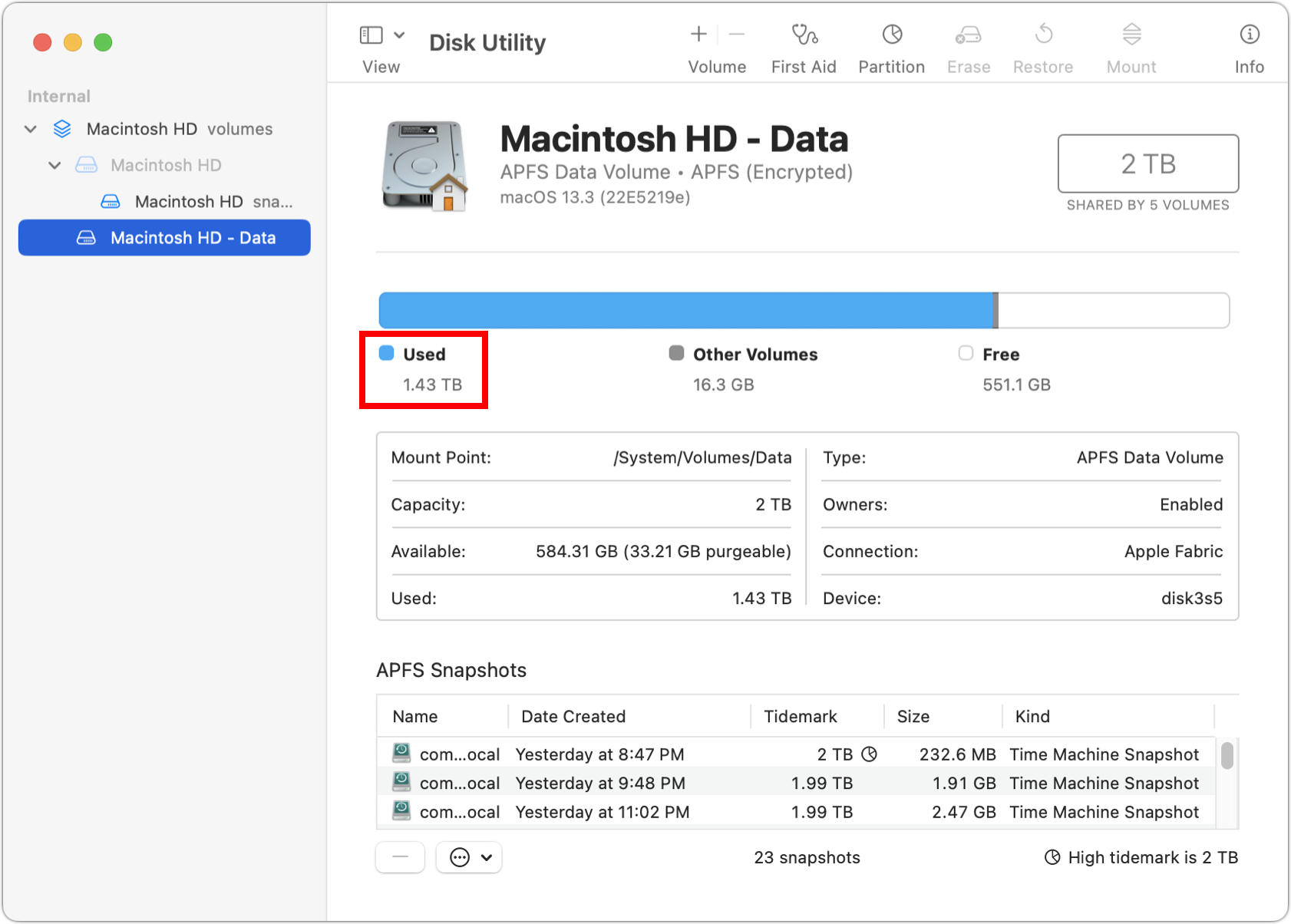 Figure 2: With the Macintosh HD - Data volume selected, look under Used for the amount of space it’s using.