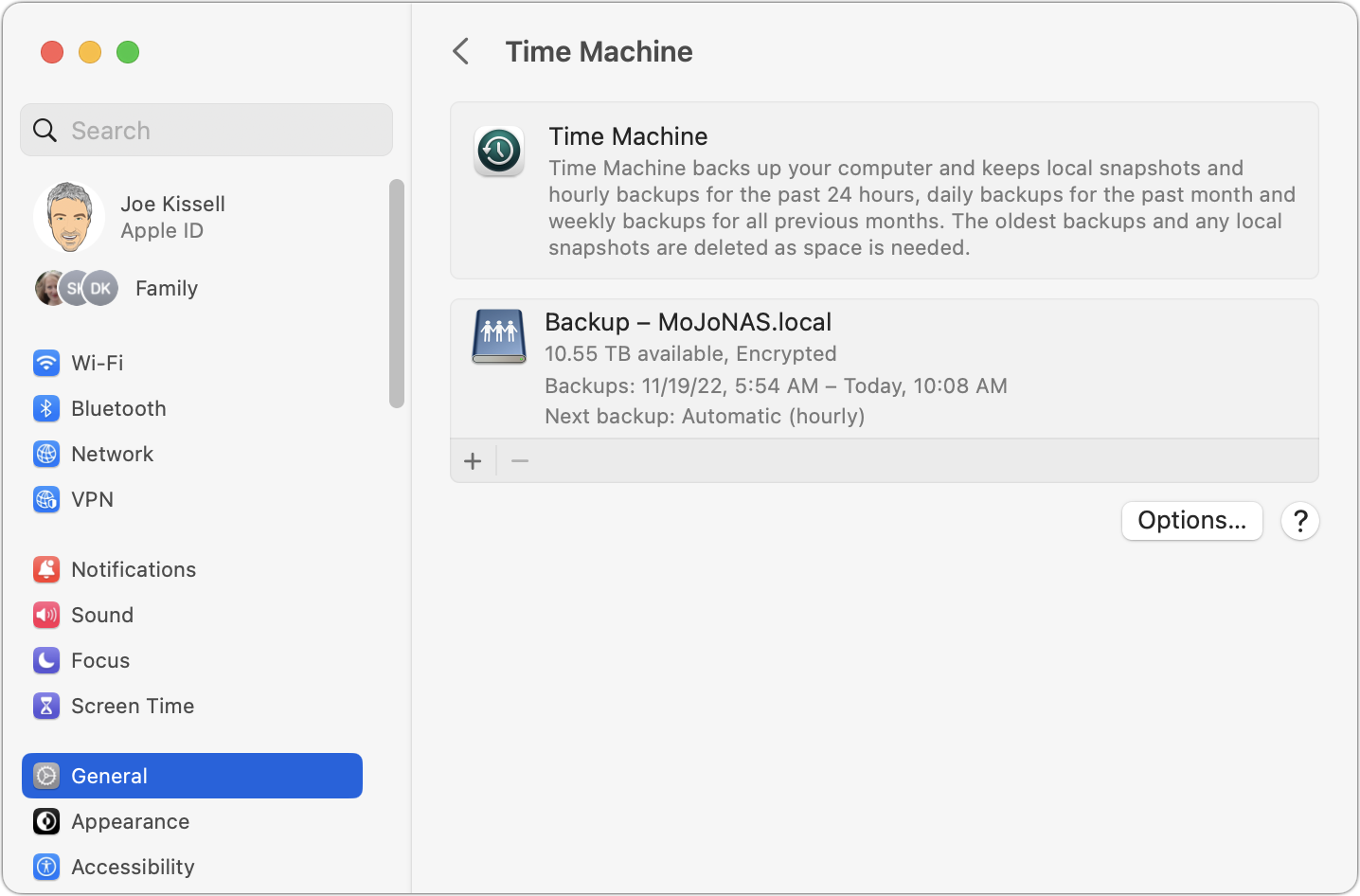 Figure 7: In Ventura or later, configure Time Machine in System Settings > General > Time Machine.