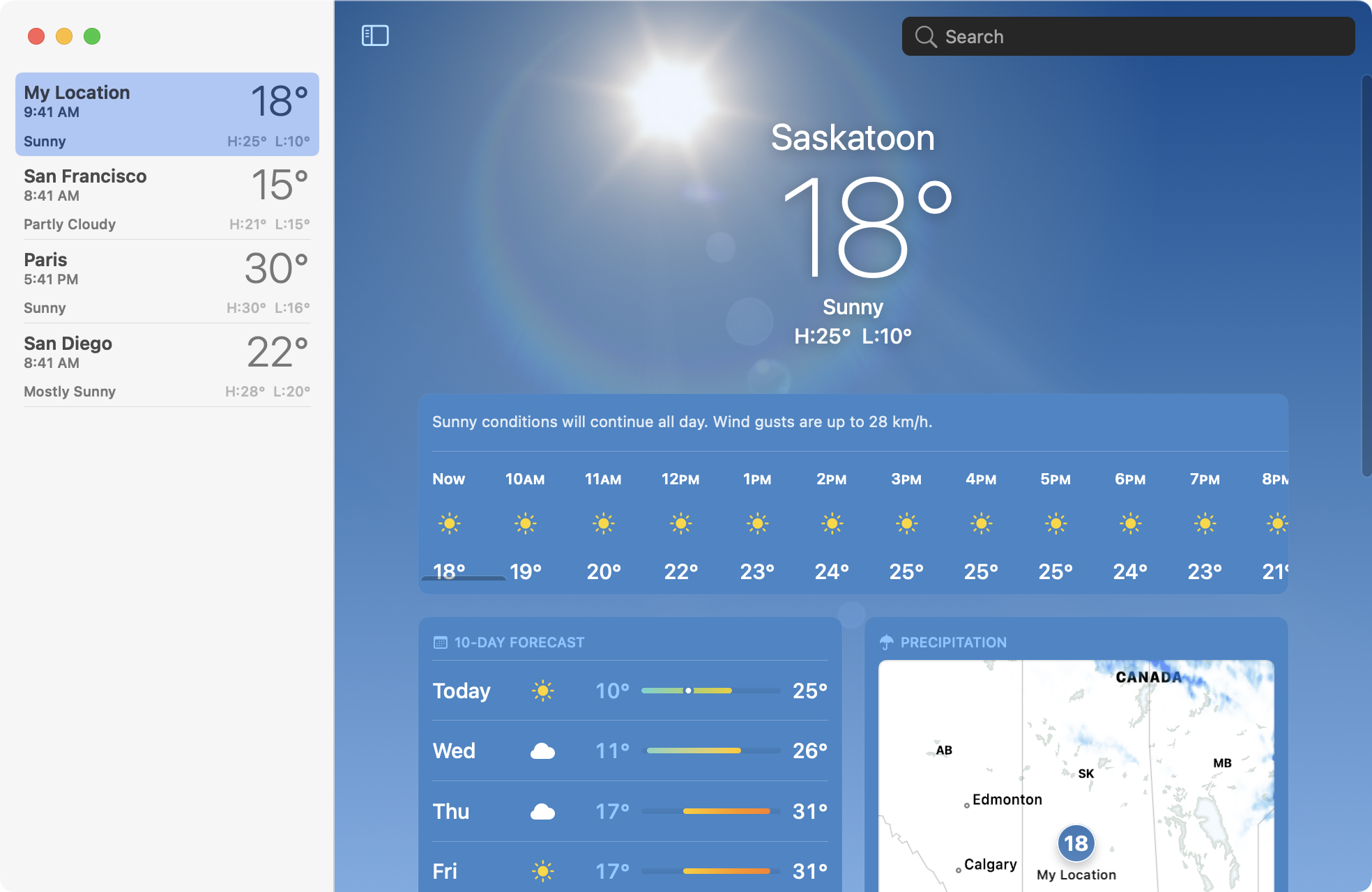 Figure 60: See current weather, forecasts, weather maps, and more in the new Weather app.