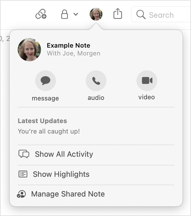 Figure 54: Click a collaborator’s avatar on the toolbar to see collaboration activity—including new audio and video icons to start FaceTime calls.