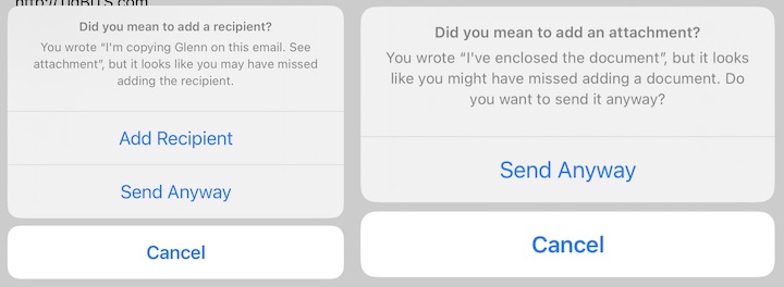 Figure 4: Mail in iOS and iPadOS warns you if it thinks you forgot a recipient or attachment.