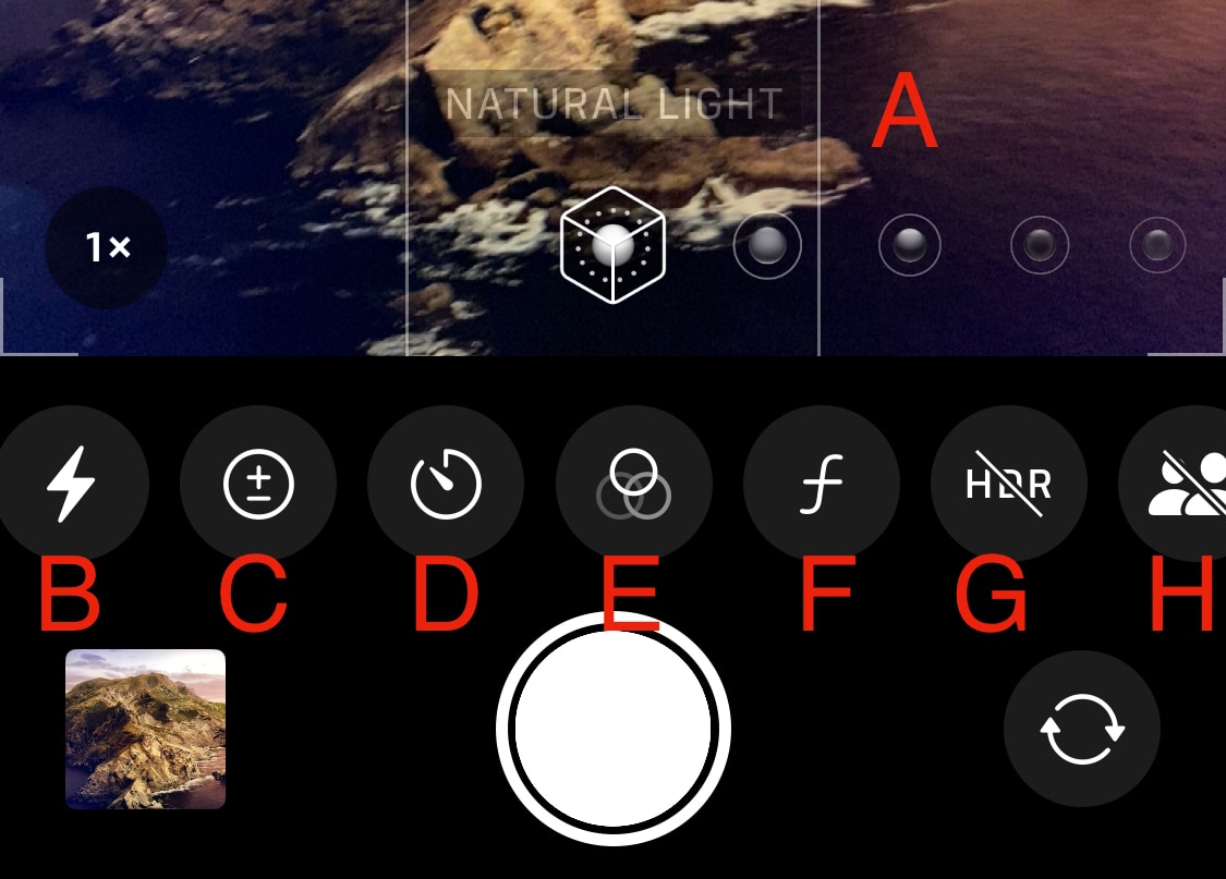 Figure 98: More Camera controls: (A) Portrait Lighting (B) Flash (C) Exposure (D) Time Delay (E) Filters (F) Aperture (G) HDR (H) Shared Library.