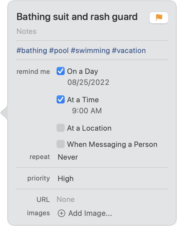 Figure 68: The Reminders Info dialog offers ready access to the same settings available as editing inline—and more.