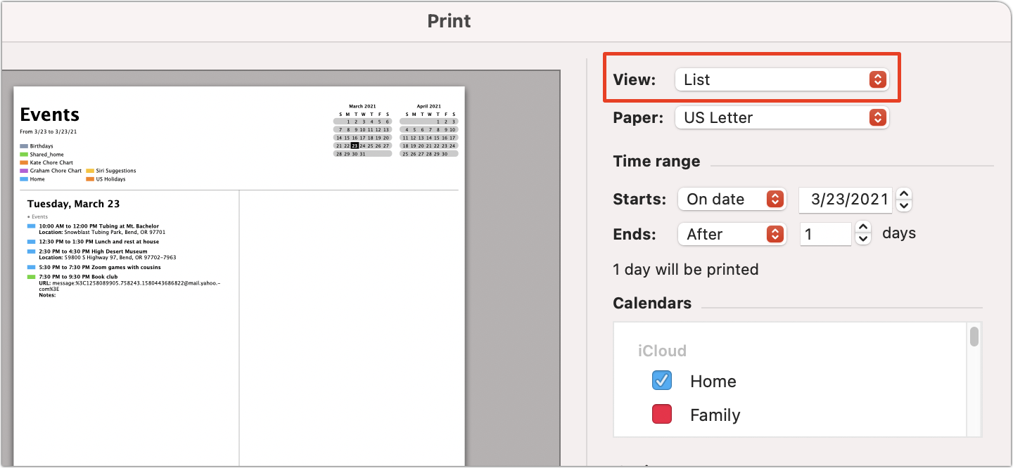 Figure 95: Choose List from the View pop-up menu (boxed) to print a list of your upcoming events, complete with notes. The Selected Events layout prints in this format, too, but includes only the events you choose.