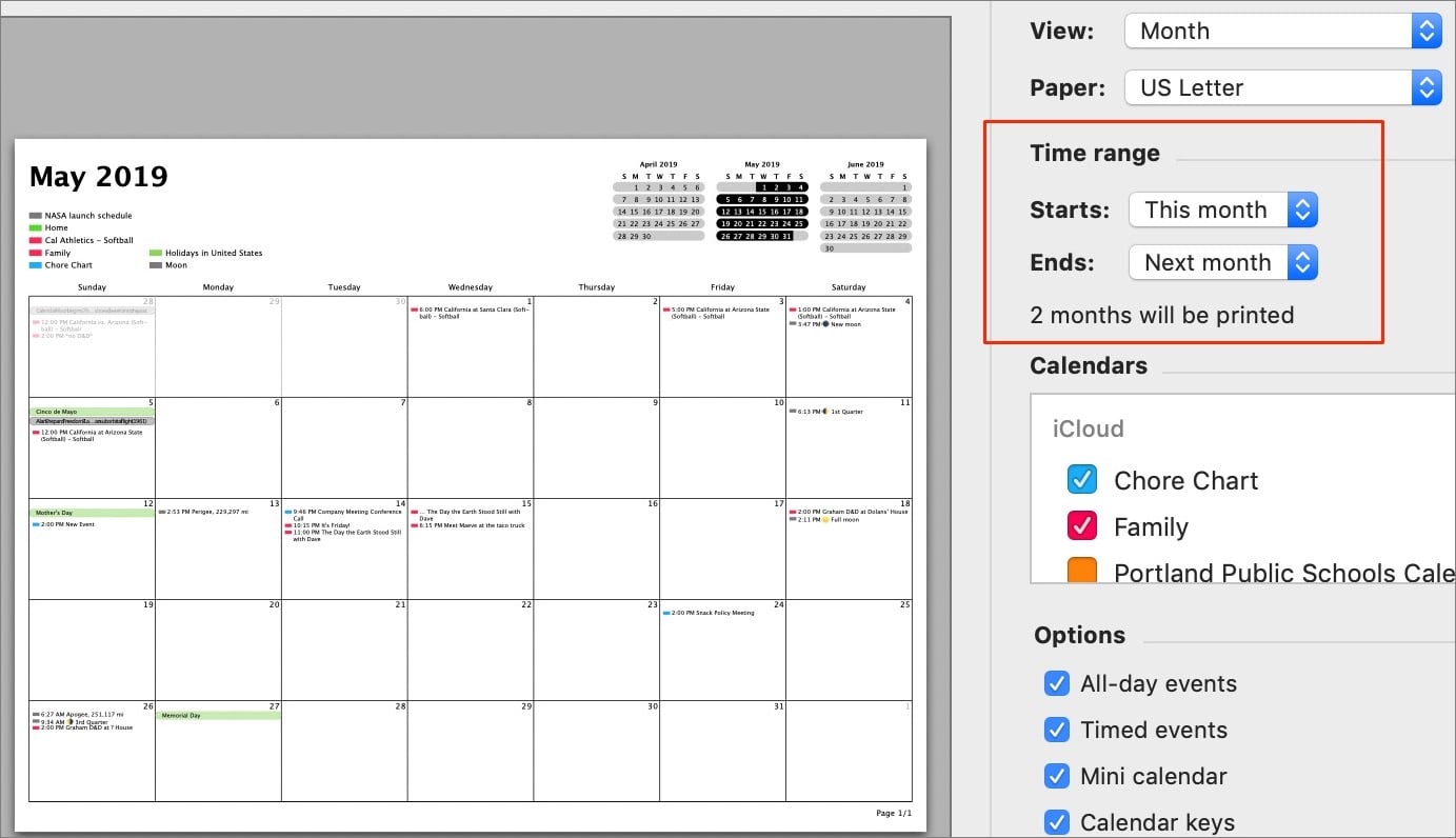 Figure 96: Set the time range for your printed calendar using the Starts and Ends pop-up menus (boxed). This is the Month layout.