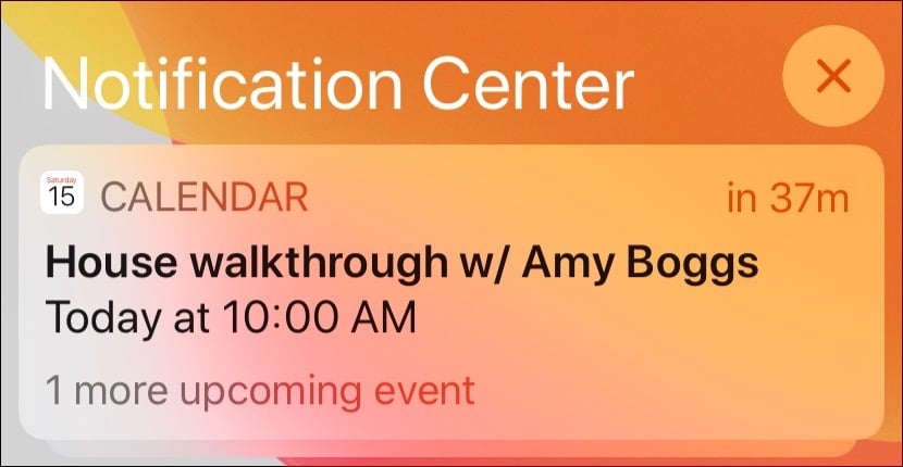 Figure 99: Notification Center rolls down to cover your screen. By default, notifications from Calendar appear grouped. Tap the stack to see them all.