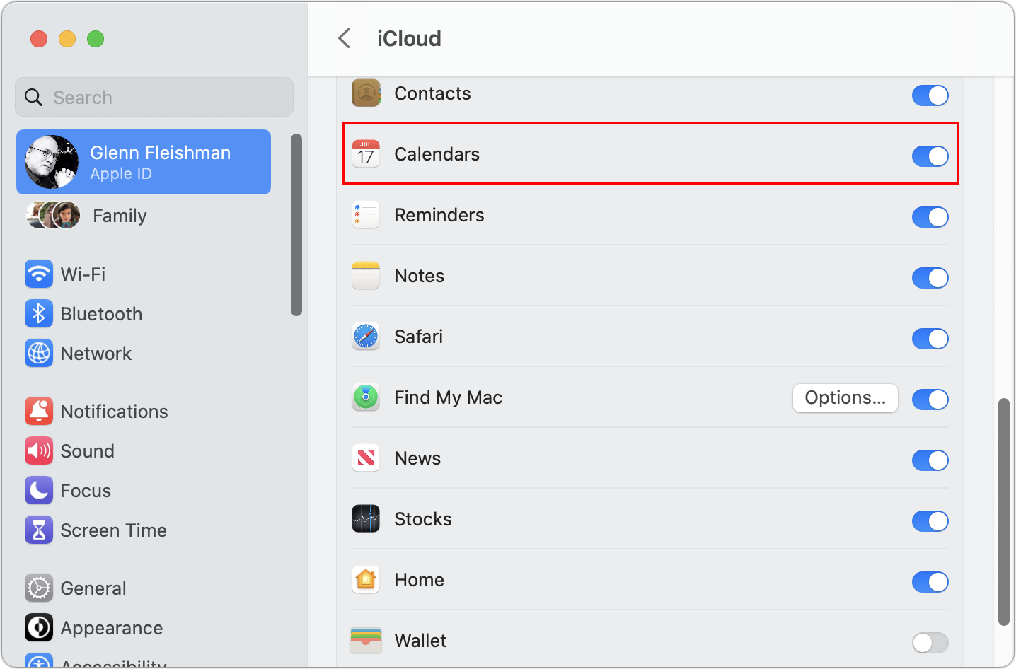 Figure 12: Enable Calendars in System Settings in Ventura (boxed).