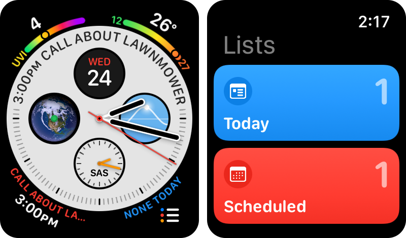 Figure 101: Here you see the Infograph watch face with Calendar and Reminders complications at bottom (left). This is what you see if you tap the Reminders complication (right). Tap a list to see its reminders.