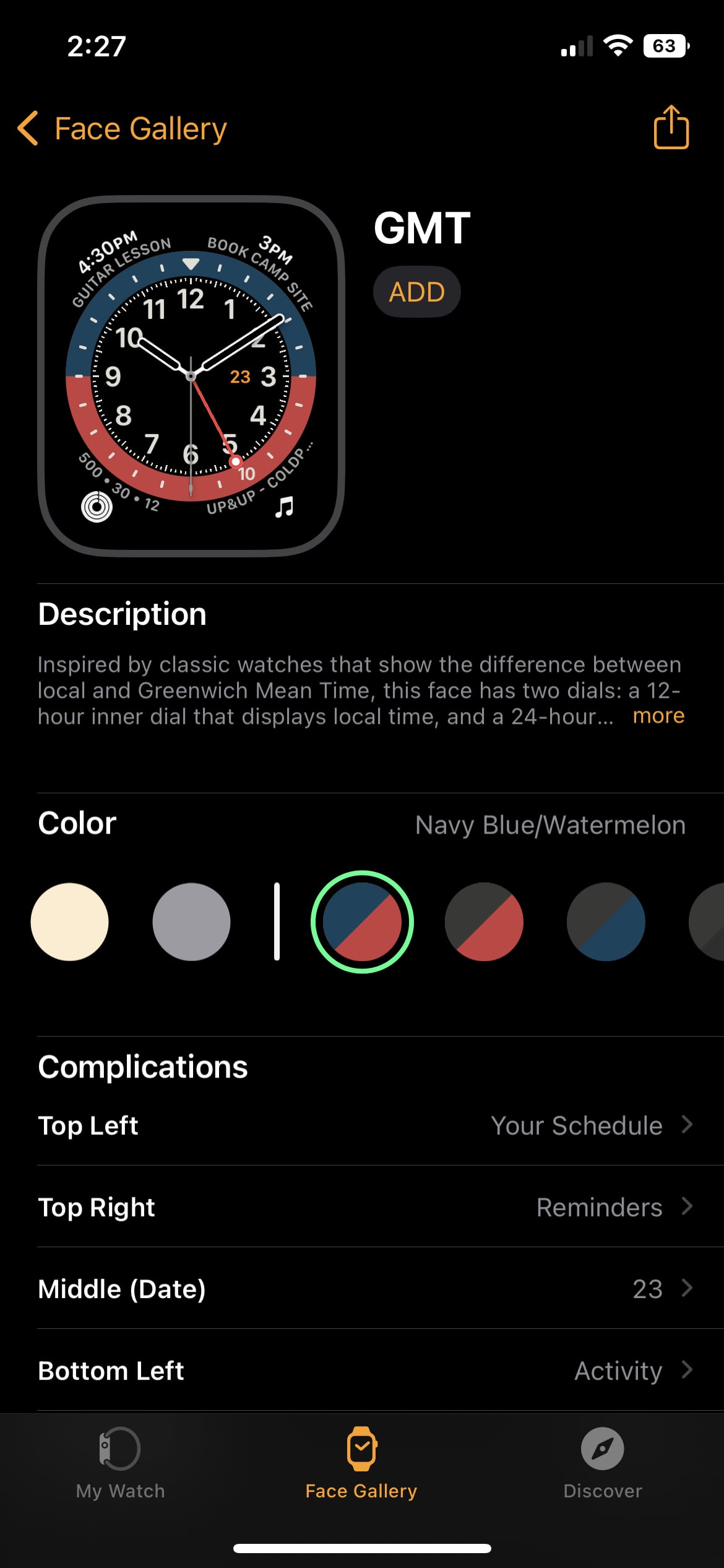 Figure 102: Tap a complication—for example, Top Right—and then scroll through the menu to see your options. Tap the complication you want.
