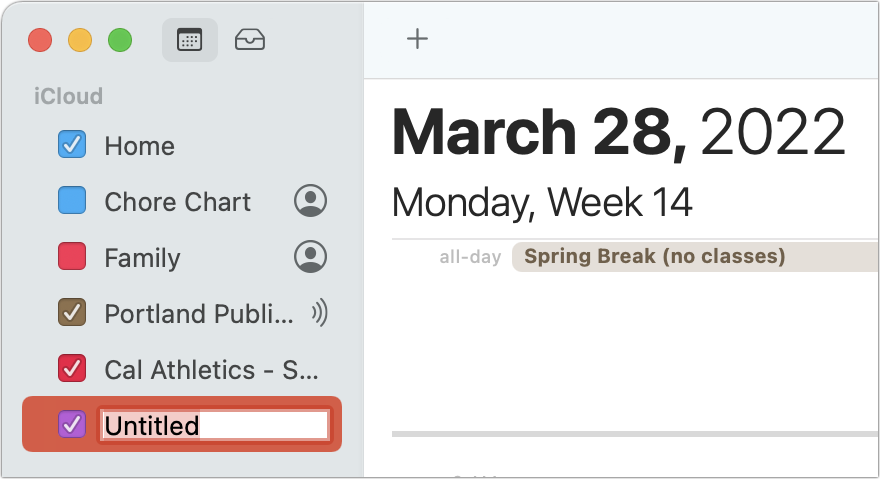Figure 14: When you create a new calendar, it appears under its account header, such as iCloud.