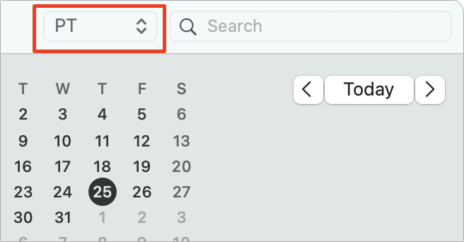 Figure 22: If you turn on Time Zone Support, a new pop-up menu (boxed) appears on the toolbar. The time zone names appear abbreviated—PT for Pacific Time here. Click to see the full name.