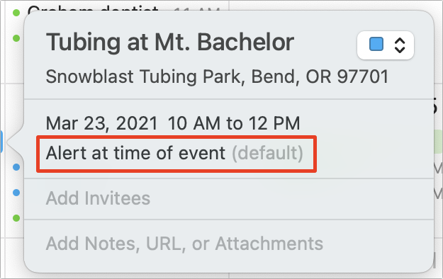 Figure 45: Calendar lets you know when an event includes a default alert (boxed).