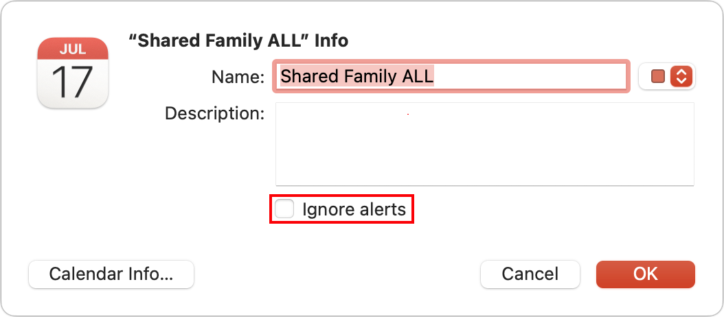 Figure 47: Select the Ignore Alerts checkbox (boxed) to turn off alerts for one calendar.