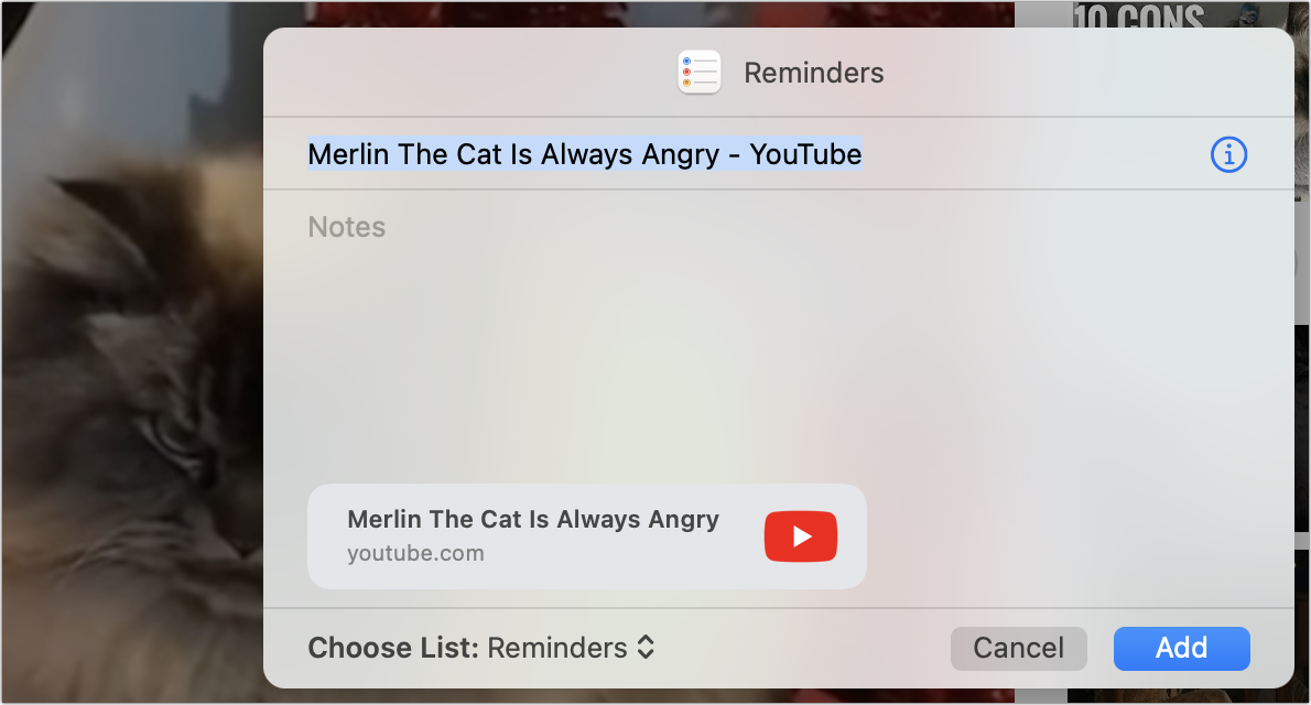 Figure 62: Want to come back later to something you saw online? Click Safari’s Share icon and then choose Reminders to add a note to your list that includes a link and preview.