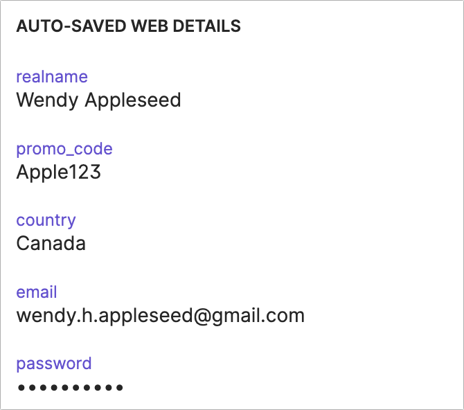 Figure 30: Automatically saved web form details appear like this.