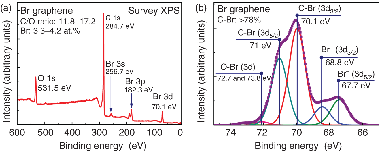 (a) Survey and (b) high-resolution Br 3d X-ray photoelectron spectra of the brominated graphene.