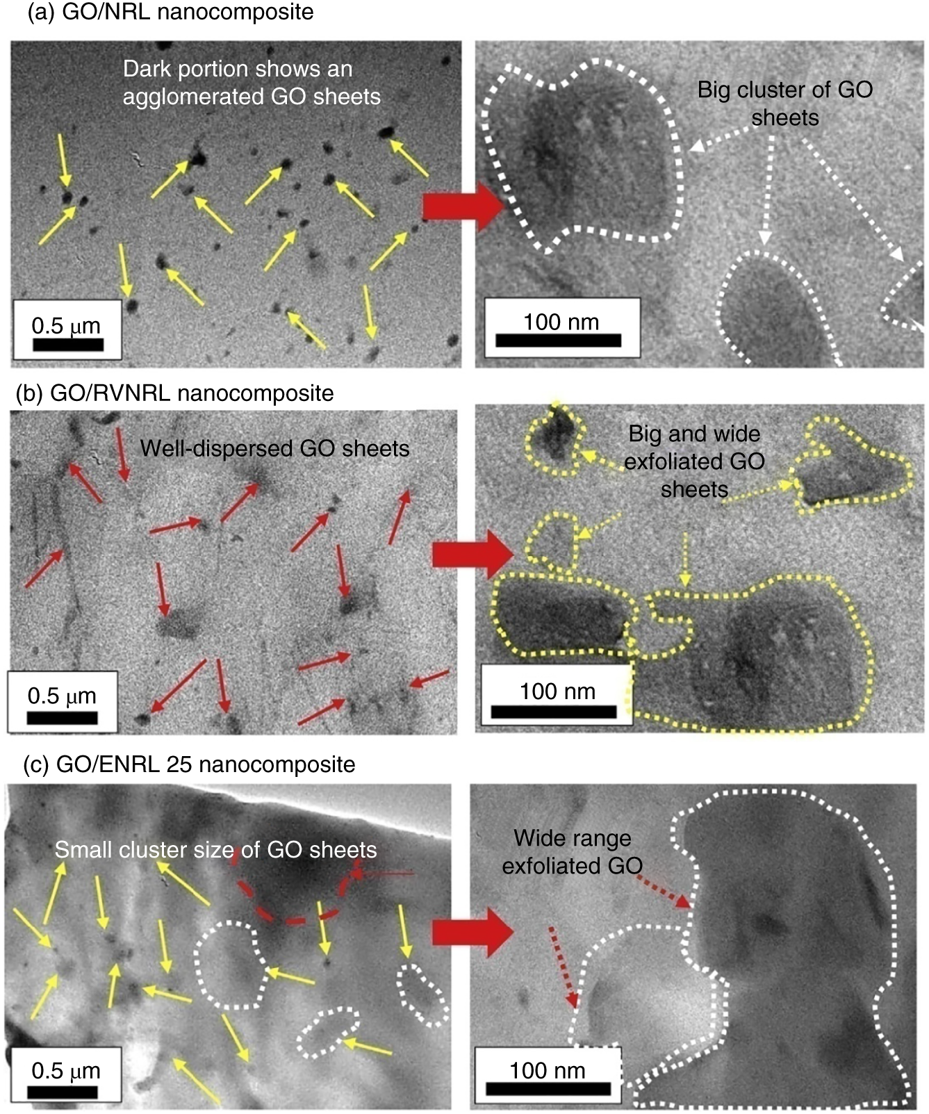 Photos depict HRTEM images of the (a) GO/NRL, (b) GO/RVNRL, and (c) GO/ENRL 25 polymer nanocomposites.
