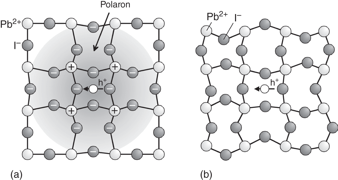 Schematic illustration of physical pictures of (a) polaron formation!polaron formation and (b) carrier scattering by anharmonic lattice!carrier scattering by anharmonic lattice vibrations vibrations in .