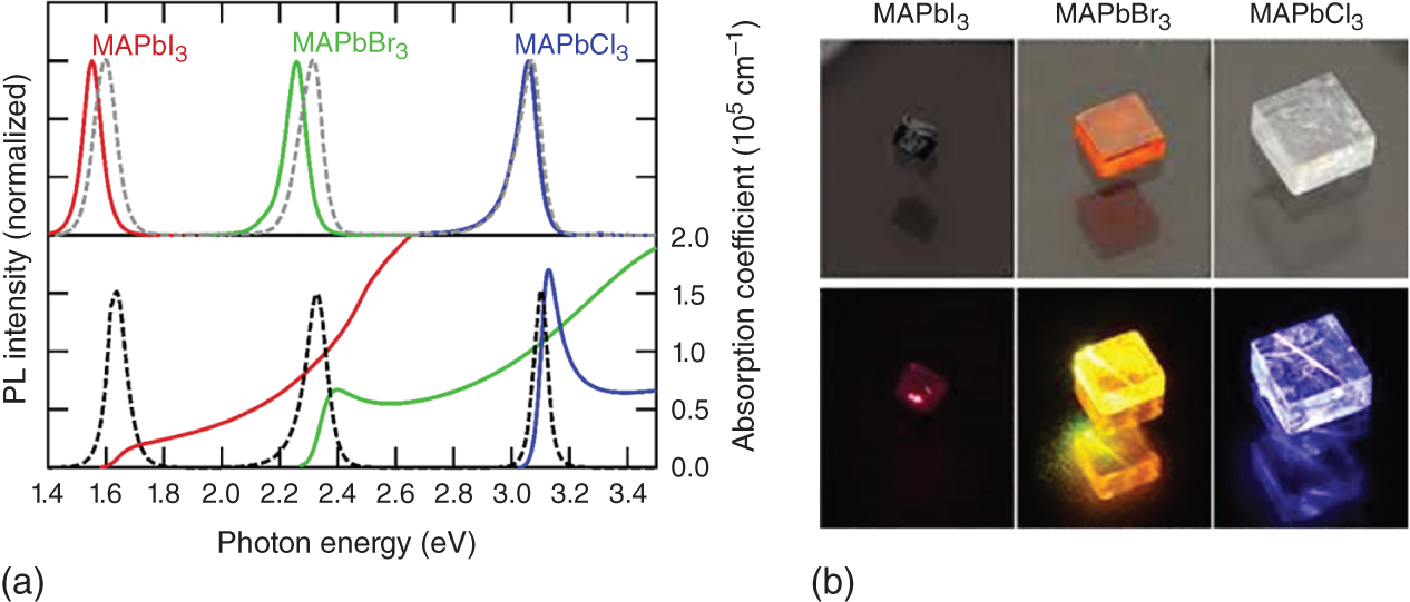 Schematic illustration of (a) {photoluminescence properties!hybrid perovskite thin filmperovskite thin filmPL spectra of , MAPbBr3, and MAPbCl3 thin films (dotted curves) and single crystals (solid curves). Optical absorption spectra are also plotted in the lower panel. The different PL spectral shape between thin films and single crystals is attributable to the photon reabsorption effect.