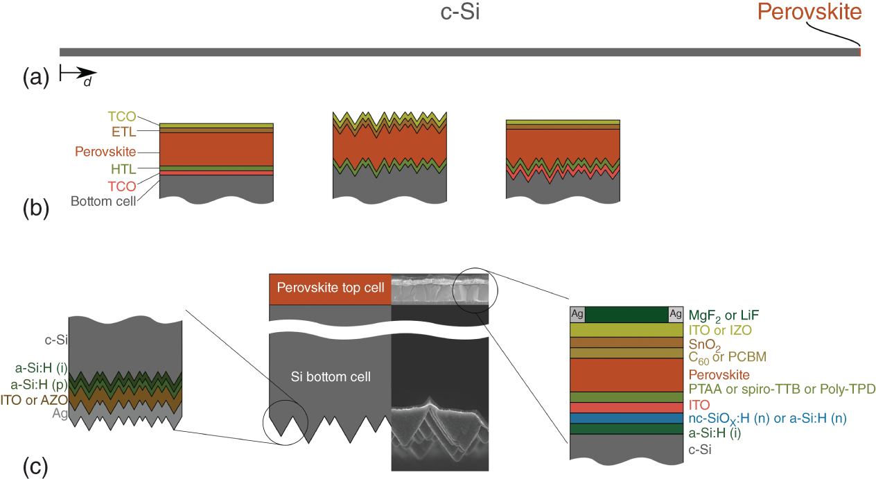 Schematic illustration of schematic depiction of the 2T perovskite/silicon tandem device architecture.